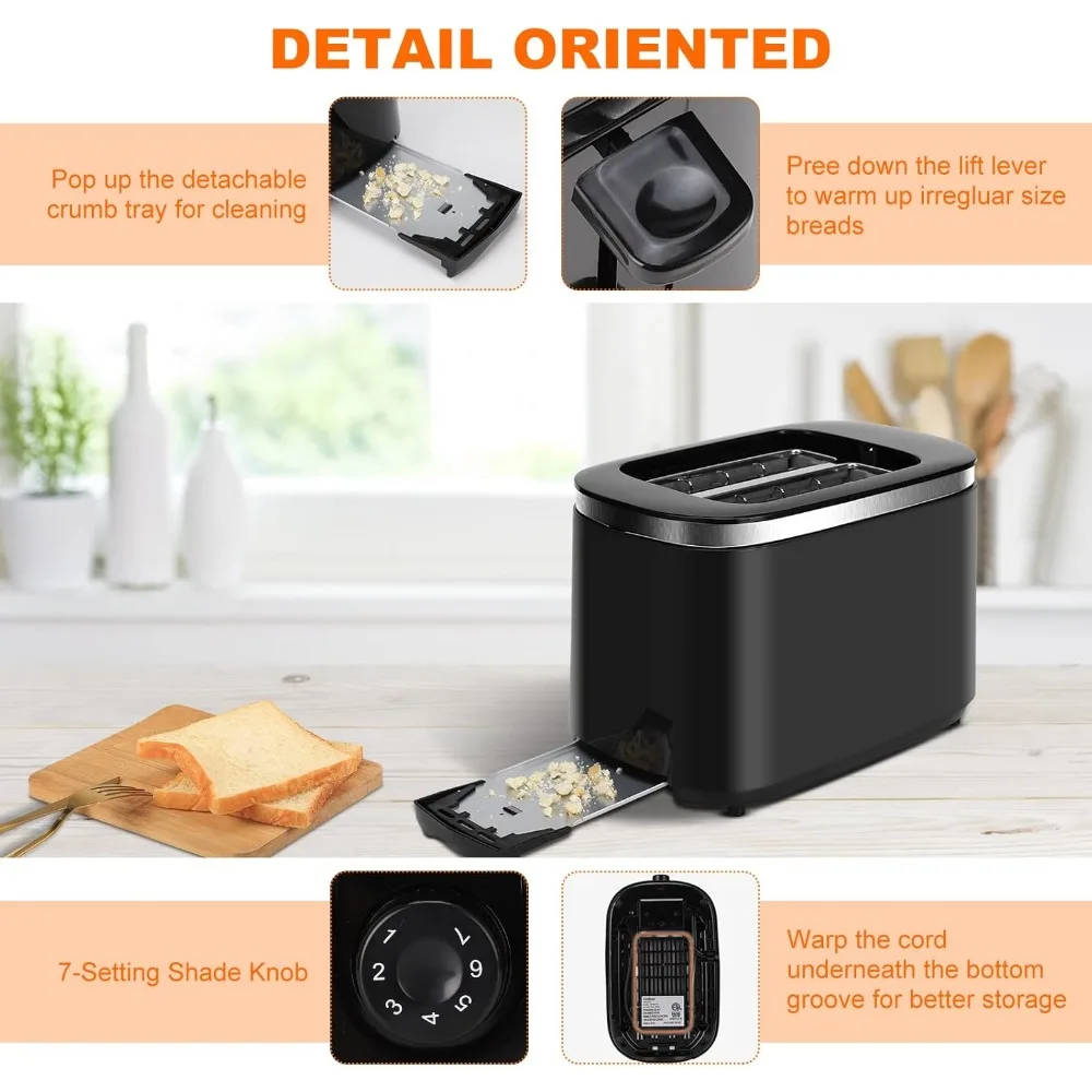 Toaster 2 Slice Stainless Steel Toasters 7 Shade Settings Defrost/Bagel/Cancel with Removable Crumb Tray for Bread, Waffles