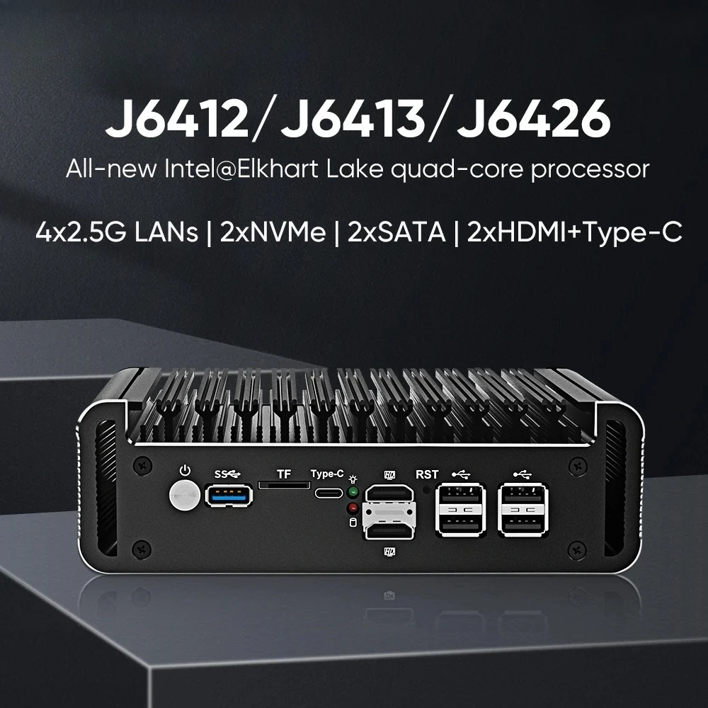 Topton 4x2.5G LAN Fanless Firewall Mini PC Intel Celeron J6413 J6412 NAS Computer Server 2xM.2 NVMe 2xSATA 1xTF Type-C 5xUSB