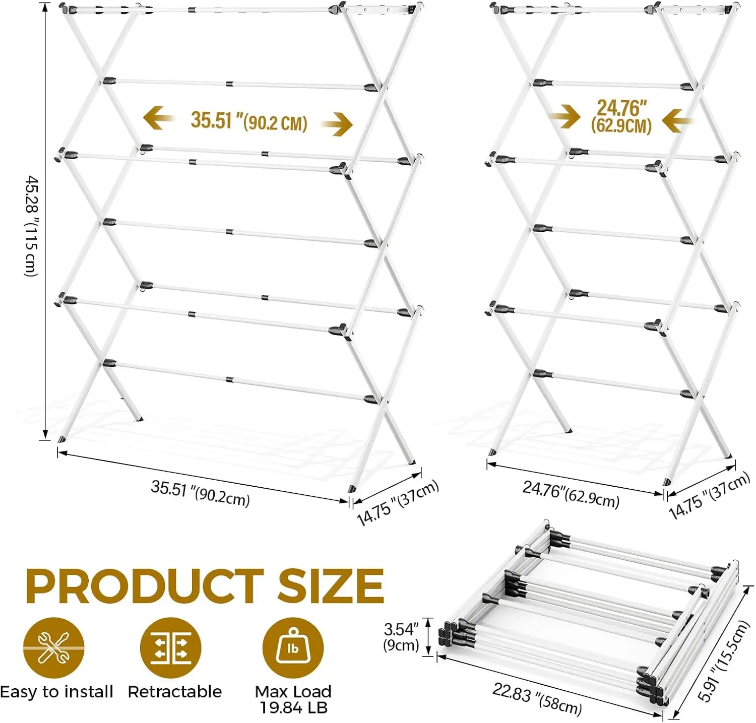 Clothes Drying Rack with 4 Wings, Stainless Steel Drying Rack Clothing with Height-Adjustable, Foldable Gullwings Laundry