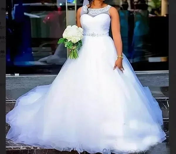 Customized Plus Size Sheer Jewel Neck Silver Beads Sash Puffy A Line African Bridal Dress Wedding Gowns