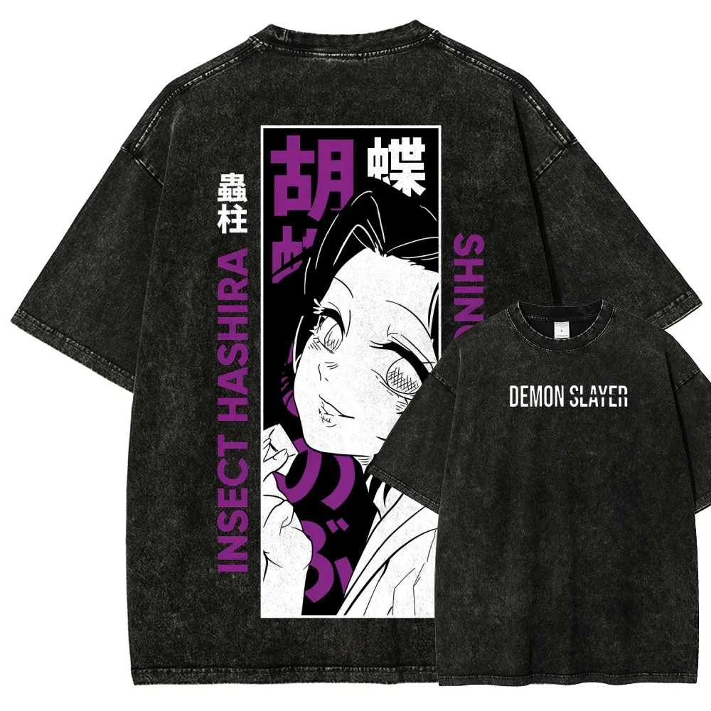 

Футболка Demon Slayer Shinobu Kochou в винтажном стиле из выстиранного хлопка, унисекс, летняя уличная одежда оверсайз с коротким рукавом, коллекция 2026