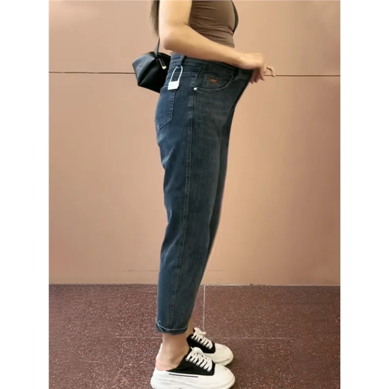 Pantalones vaqueros elásticos sueltos para mujer, pantalones de cintura alta para papá, pantalones Harem Sle con cubierta a la cadera, pantalones casuales de talla grande, colección de verano