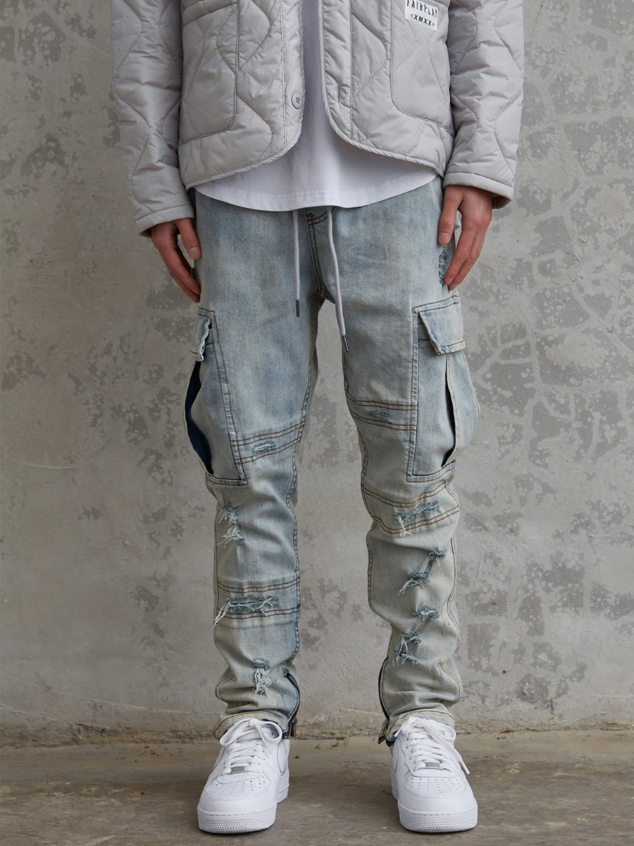 

High Street Sle Distred Waed Denim Jeans Elastic Casual Cotton Polyester Blend Slim Fit Youthful Trend Jeans