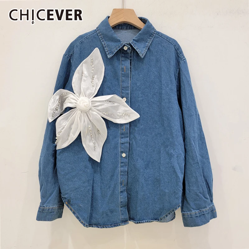 CHICEVER, blusas vaqueras con apliques de almazuela para mujer, solapa, manga larga, empalmado, camisa informal lisa de un solo pecho para mujer, primavera