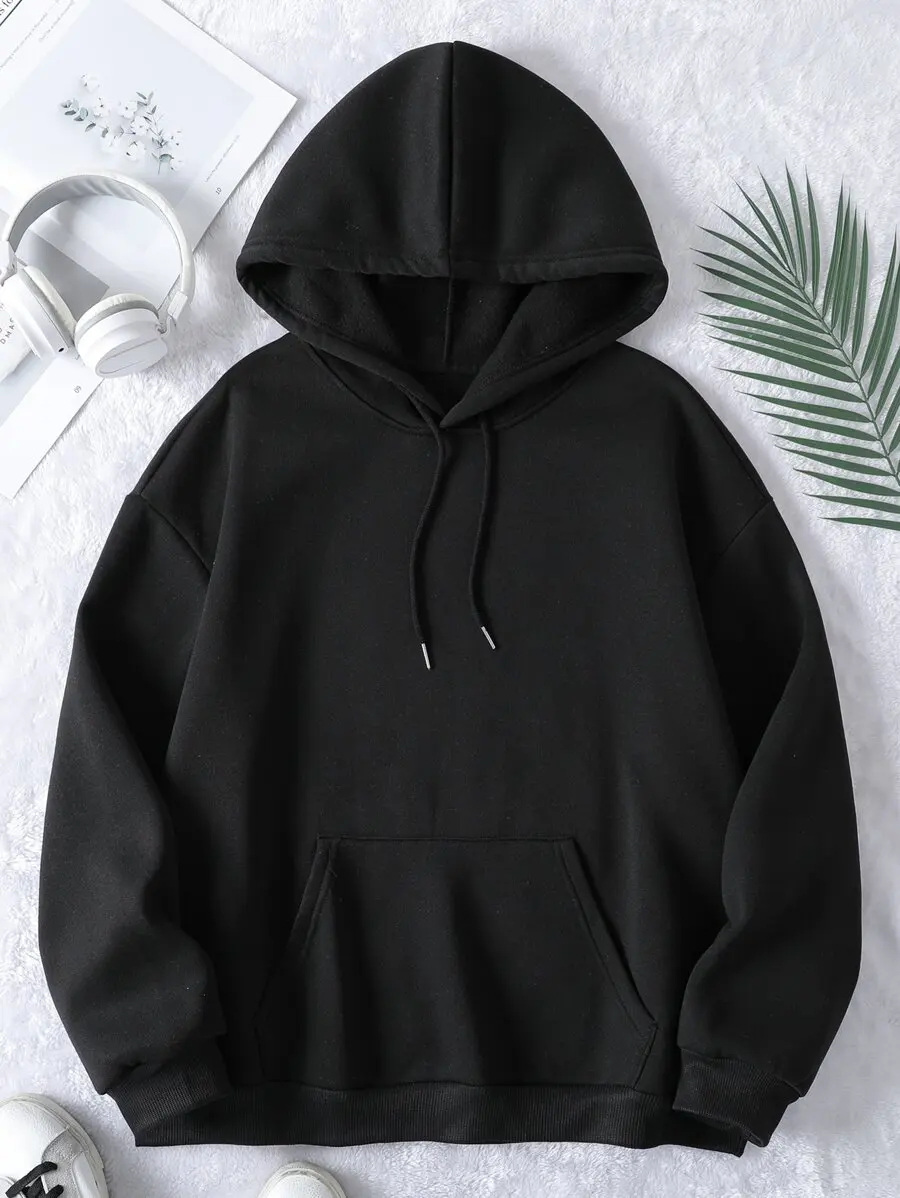 

Black Oversized Hoodie with Front Pocket and Drawstring for Fall Winter Casual Wear
