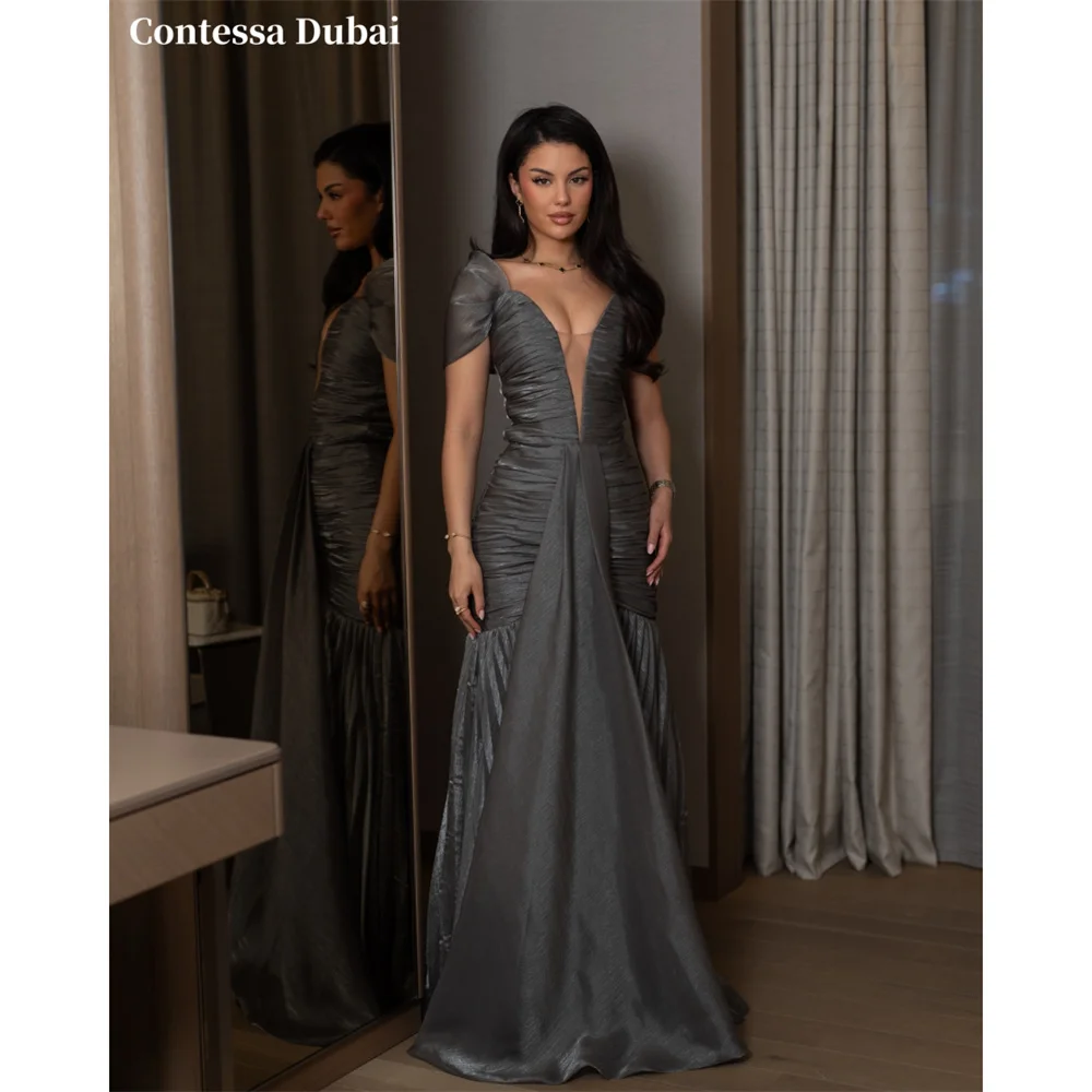 Contessa Custom Gray Deep V-Neck Evening Dress Ruched Tulle Prom Dresses Shimmer Vestidos De Noche Mermaid Formal Evening 2026