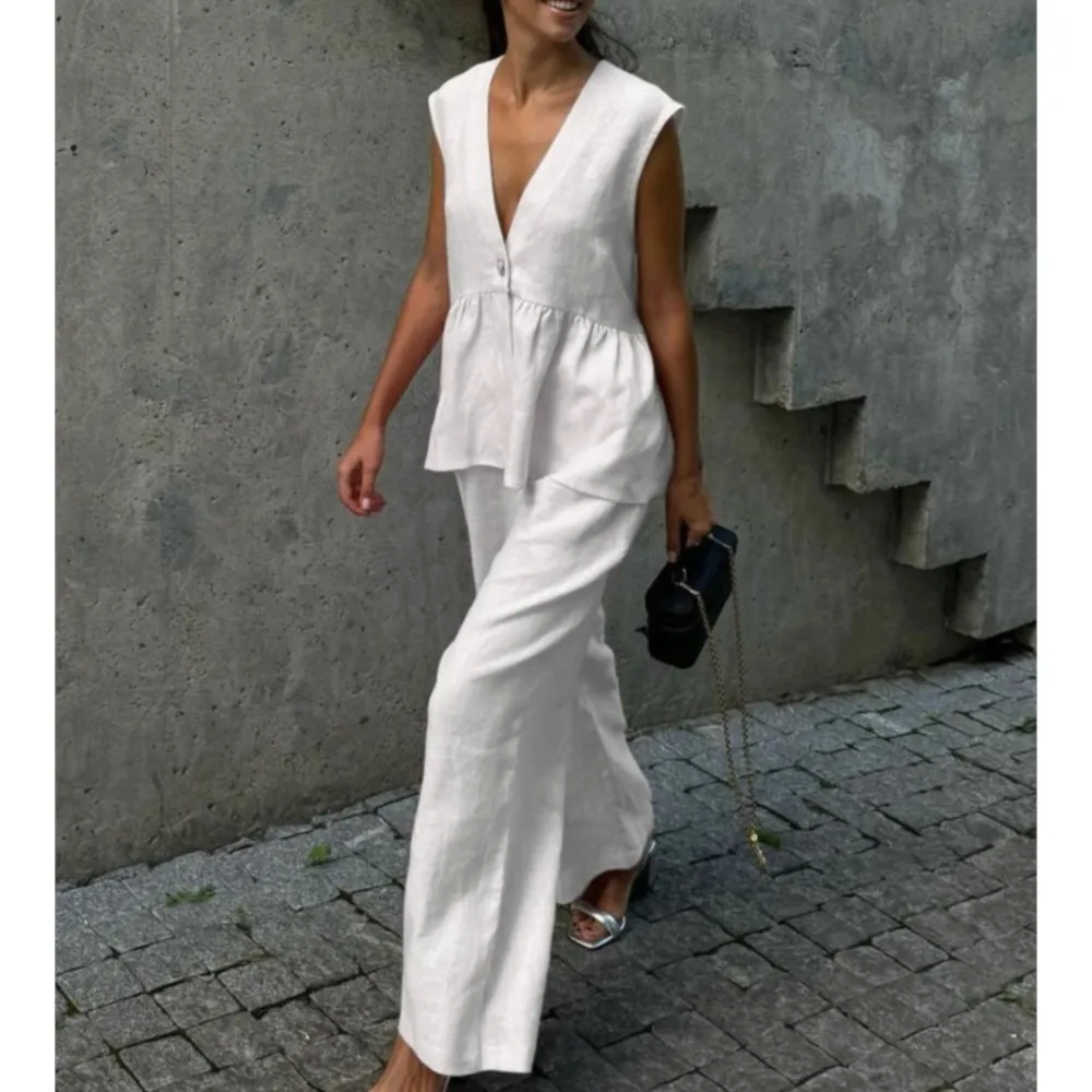 Sleeveless Vest Long Pants Set Cotton Sexy V-neck Top New Solid Color Temperament Commuting Women's Two-piece Set