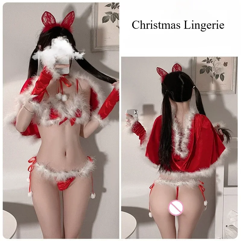 Sexy Santa Lingerie Lady Christmas Red Velvet Fluffy Bikini Sets Bra G-String Thong Hat 4Pcs Bandage Exotic Set with Feather