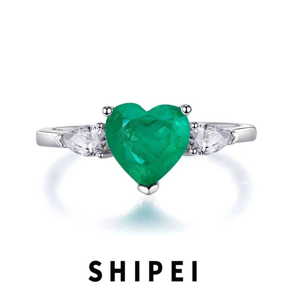 

SHIPEI Vintage 925 Sterling Silver Heart Cut 8*8 MM Simulated Emerald Gemstone Engagement Ring for Women Fine Jewelry Wholesale