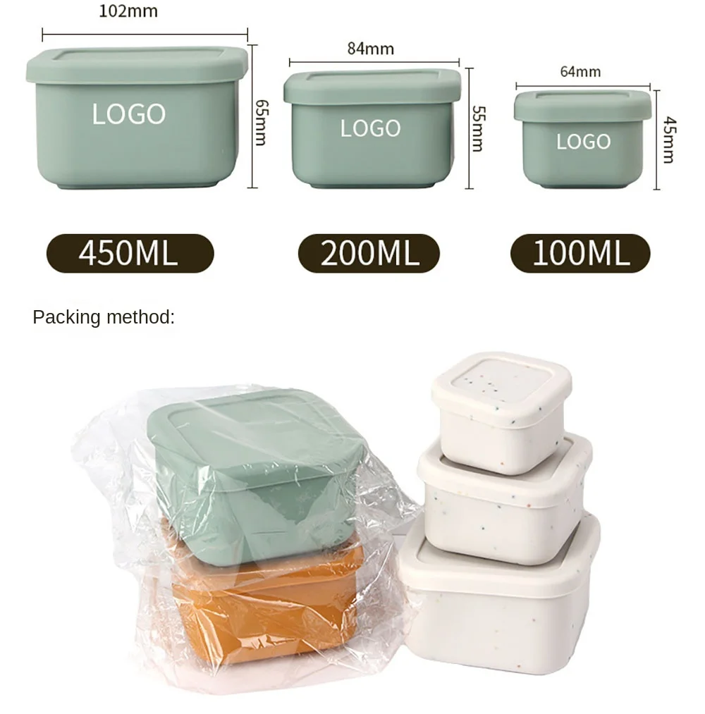 3pcs Silicone Silicone Lunch Box 10.2/8.4/6.4 CM Green/Yellow/White/Blue/Red Square Silicone Crisper