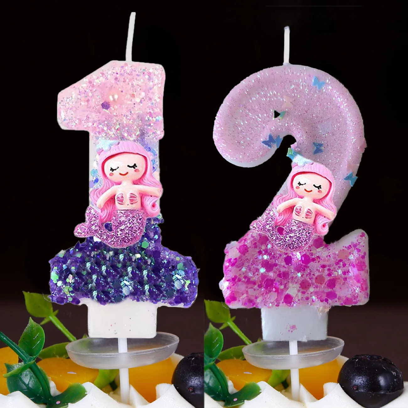 Lila/Rosa Farbverlauf Meerjungfrau Cartoon-Muster Digitale Kerze Geburtstagstorte Dekoration Party Dessert Ständer Dekoration