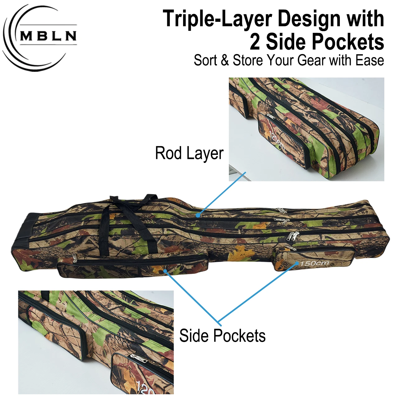 1pc 1.5m Foldable Fishing Rod Bag,Tree Camo,3-Layer with 2 Side Pockets,Metal Zipper,Backpack/Shoulder/Hand Carry Tackle Storage