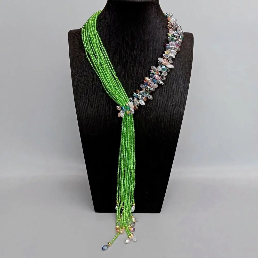 Y·YING 15 Rows Green Crystal Loop Long Asymmetric Necklace Lariat Necklace Jewelry