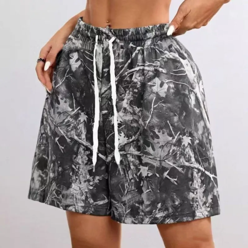 2025 Primavera/Verano, pantalones cortos informales sueltos con cordón para Mujer, pantalones cortos de camuflaje con estampado de rama Retro para Mujer, ropa deportiva para Mujer