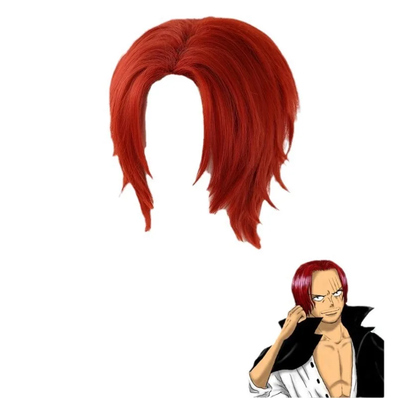 Shanks Peluca de cosplay de longitud media, parte lateral roja vino, en capas, rizada, ajuste universal