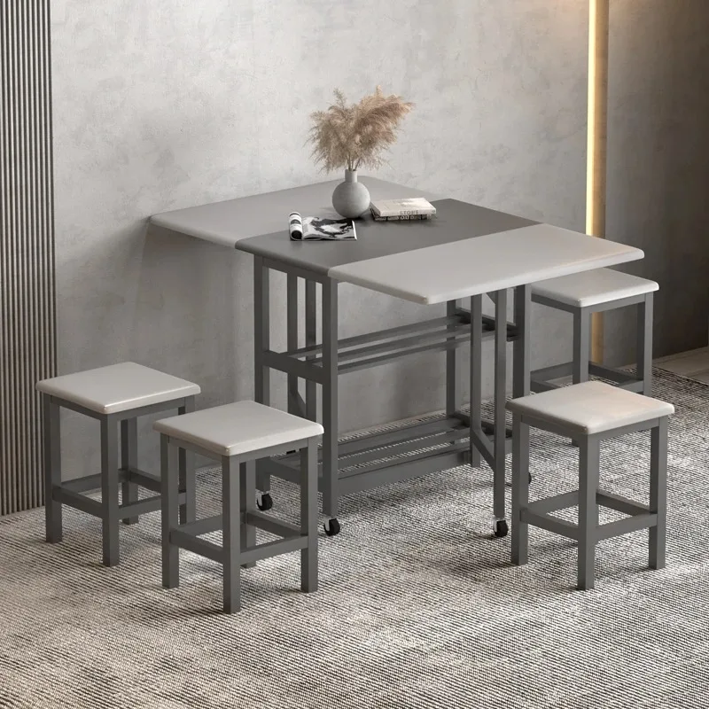 Solid wood dining table rectangular household storage folding table stool space saving small apartment dining table and chair