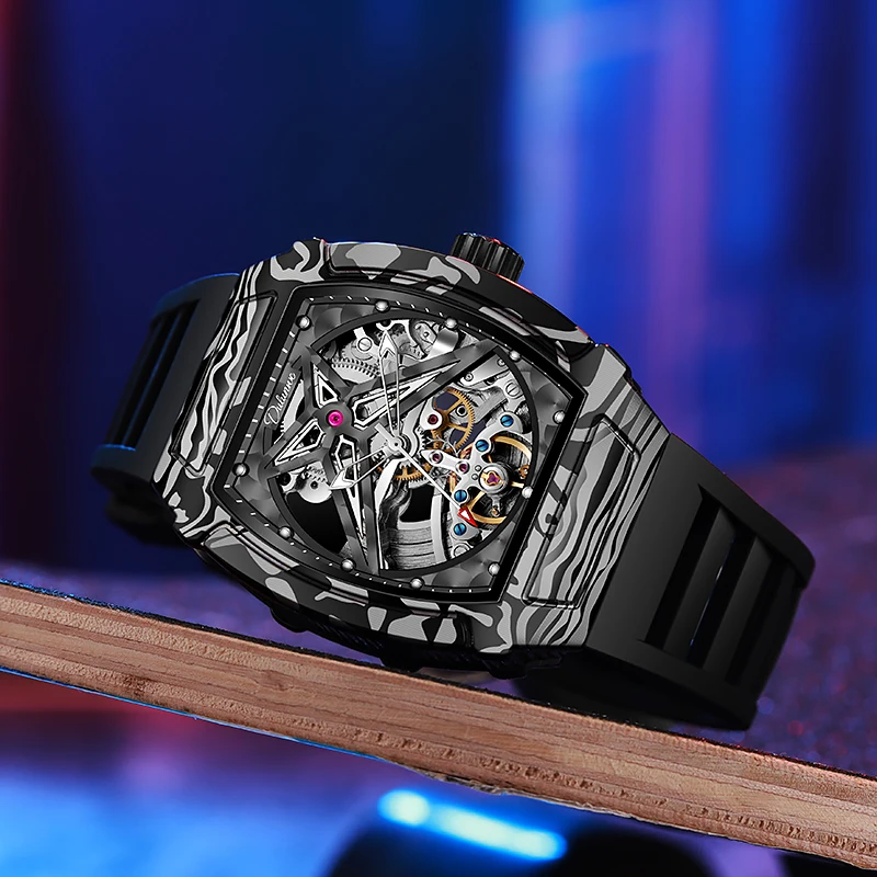 Original Design Tonneau Skeleton Automatic Watch for Men Waterproof Luminous Tourbillon Mechanical Watches reloj New