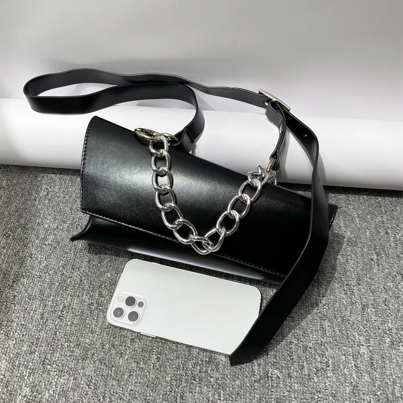 Black Messenger Bag For Women Luxury Designer Handbags Purses 2024 New In Fashion Asymmetrical Chain Decorate Shoulder Crossbody