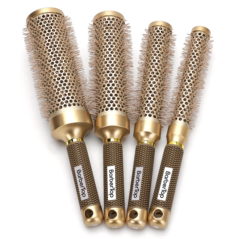 

4 Sizes Of Curly Hair Comb Round Hair Comb Wild Boar Mane Hot Air Curly Hair Comb Gold Aluminum Tube Hairdressing Styling Comb