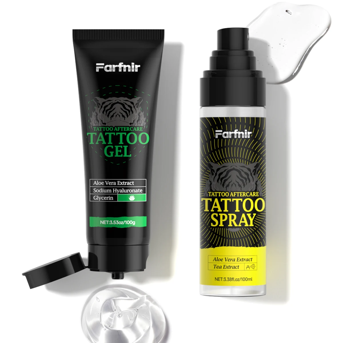 

3.53 oz/100g Tattoo Spray and 100ml/3.38 fl oz Tattoo Gel, suitable for daily maintenance of tattoo color.