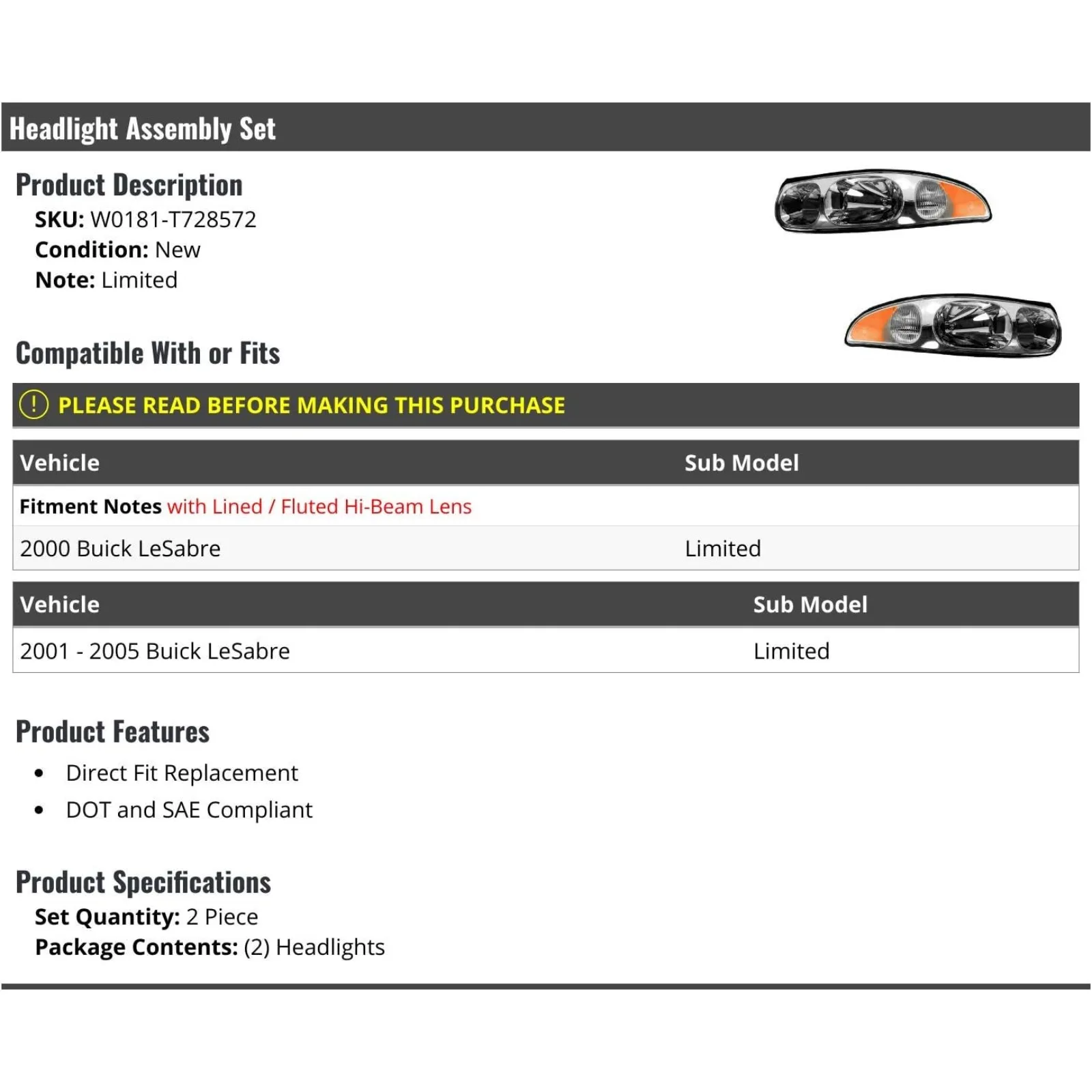 US  Headlight Assembly Set of 2 - Compatible with 2000-2005 Buick LeSabre Limited