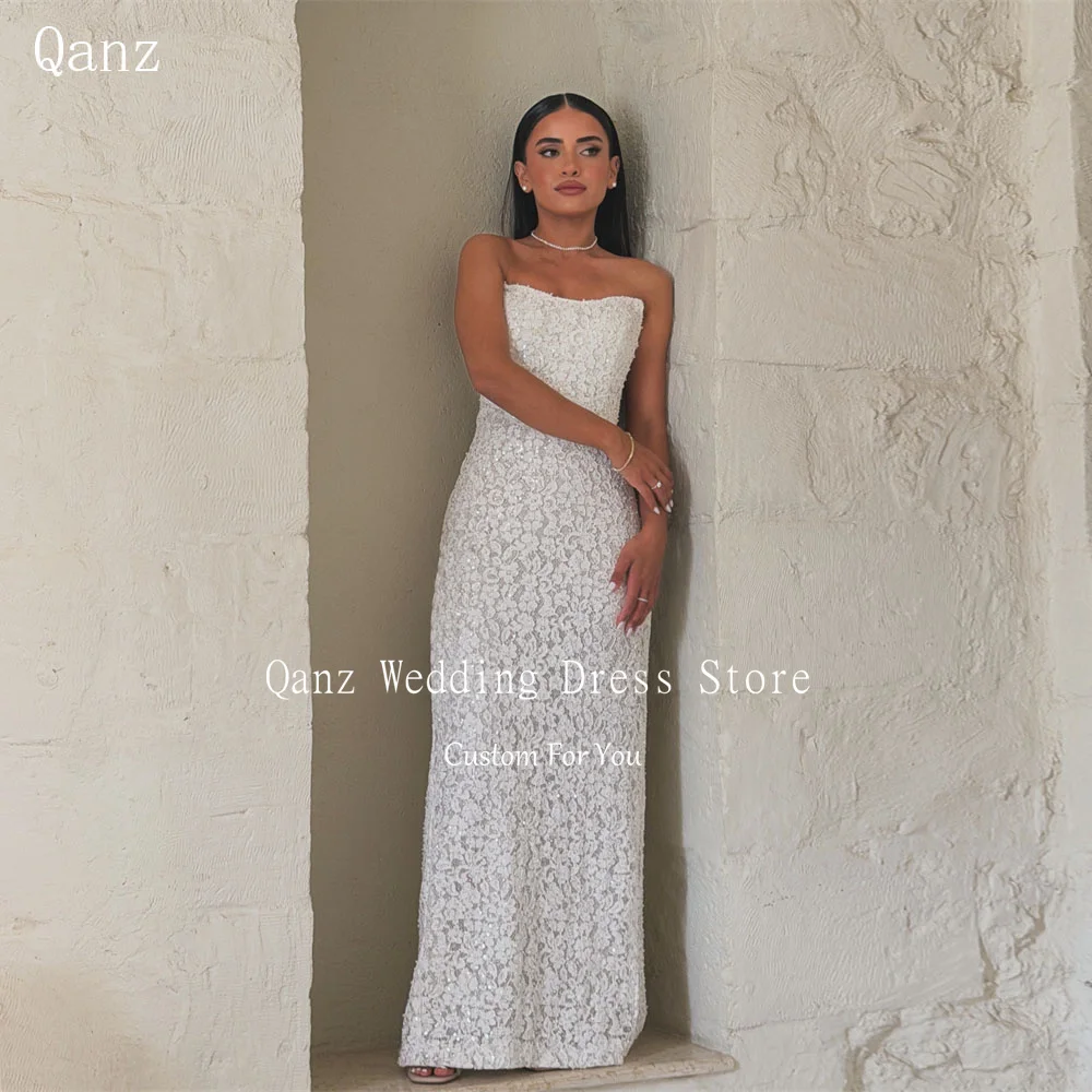 Qanz Sparkling Mermaid Wedding Dresses Strapless Lace Appliques Sleeveless Bridal Gowns Open Back Slit Robe De Mariée Customized