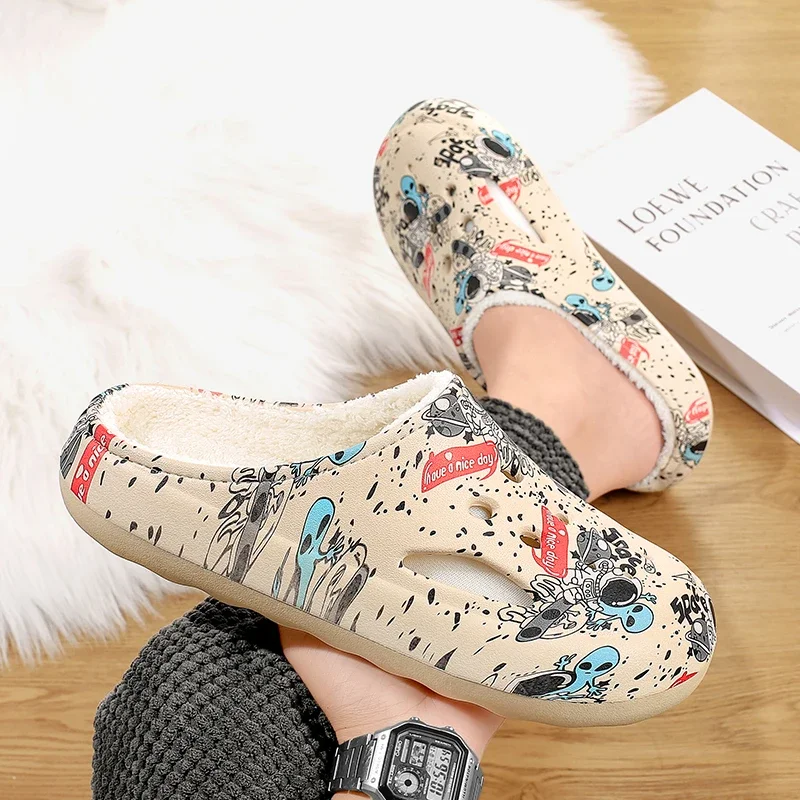 

Warm Cotton Slippers for Men Fleece-Lined Thickened Waterproof Suitable for Winter Indoor and Outdoor Use Couple's Closed-Toe