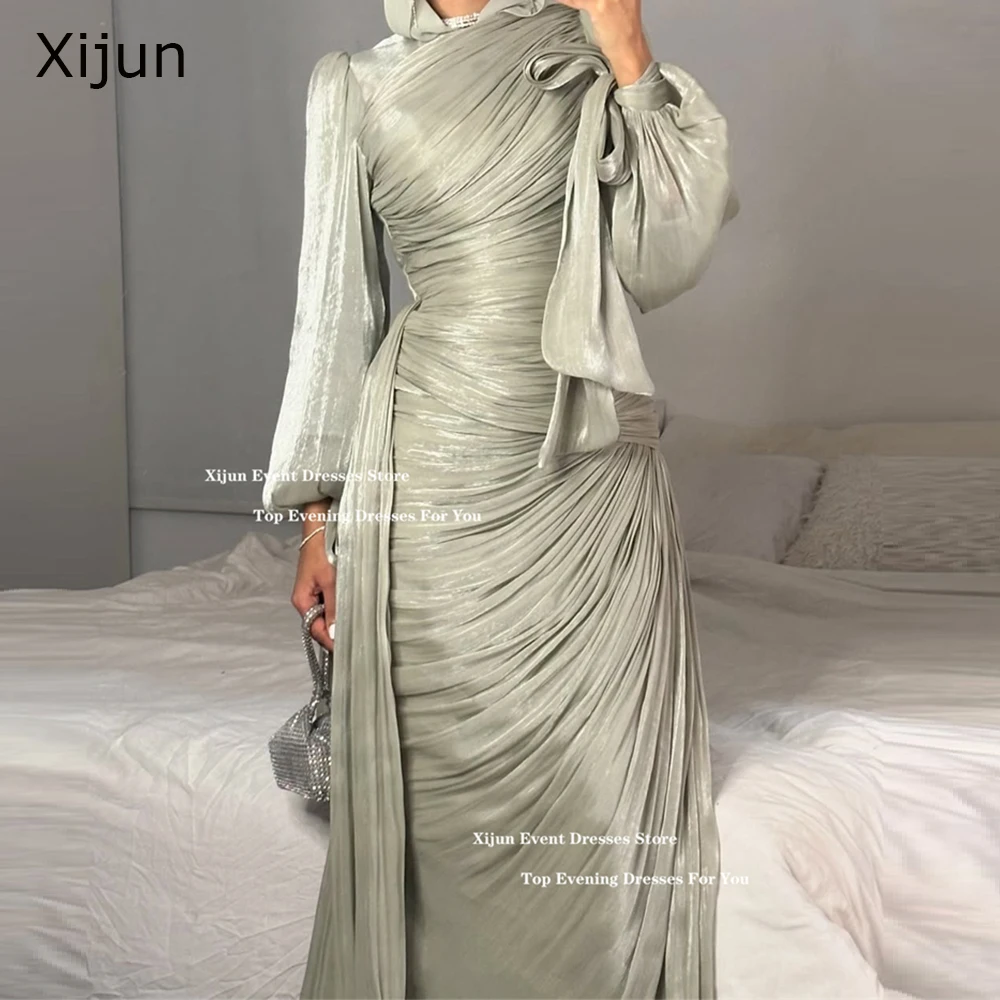 Xijun Modest Mermaid Evening Dresses Muslim Pleats Full Sleeves Prom Dresses O-Neck Formal Occasion Prom Gowns 2025 Customized