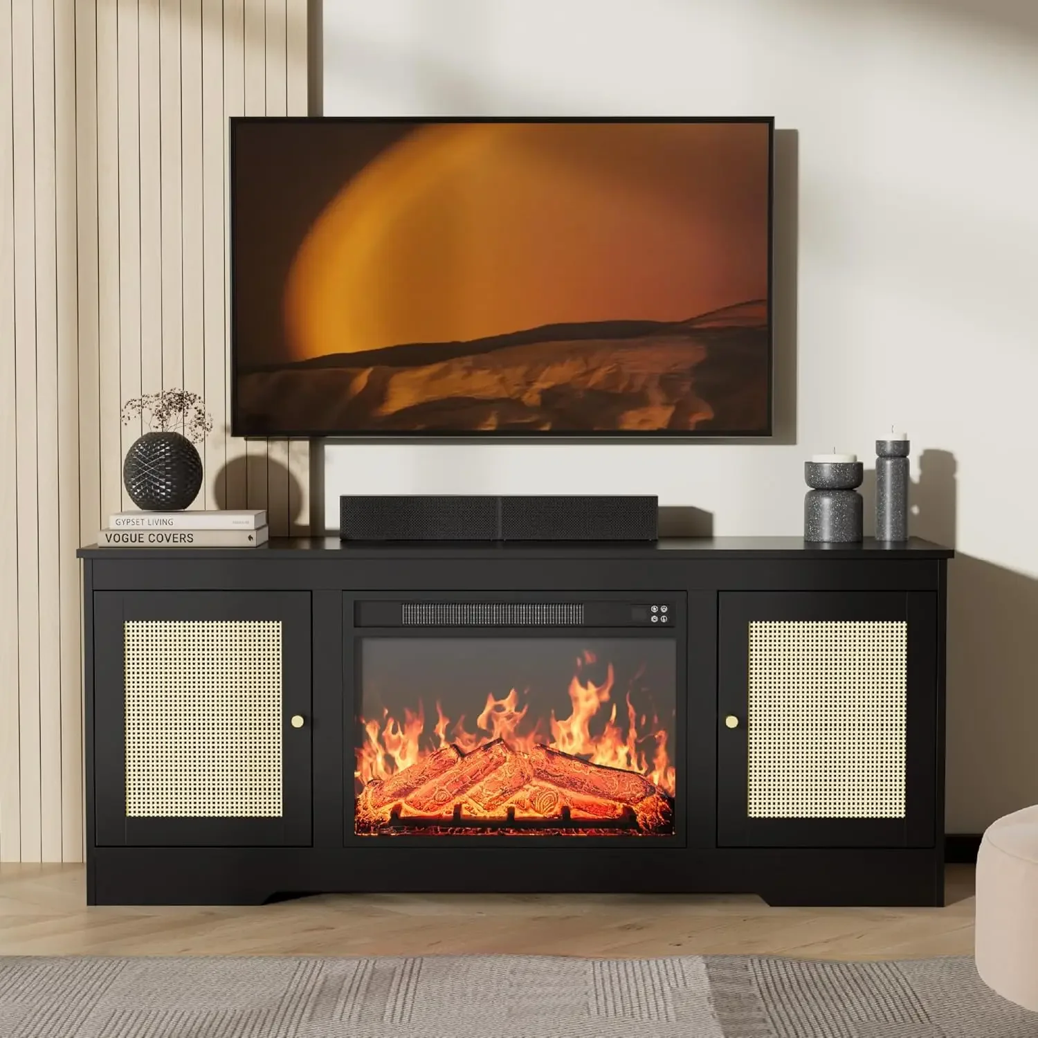 

Fireplace TV Stand for 60/65 Inch TV, Black Entertainment Center w/ Rattan Doors, Hobo Media Console w/ 23'' Electric Fireplace