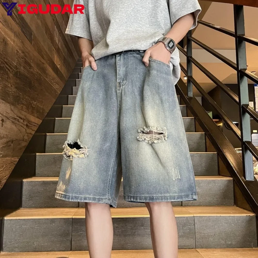 Verão estilo fino shorts jeans masculino baggy em linha reta moda cintura elástica calças de brim curtas coreano streetwear joelho shorts masculino