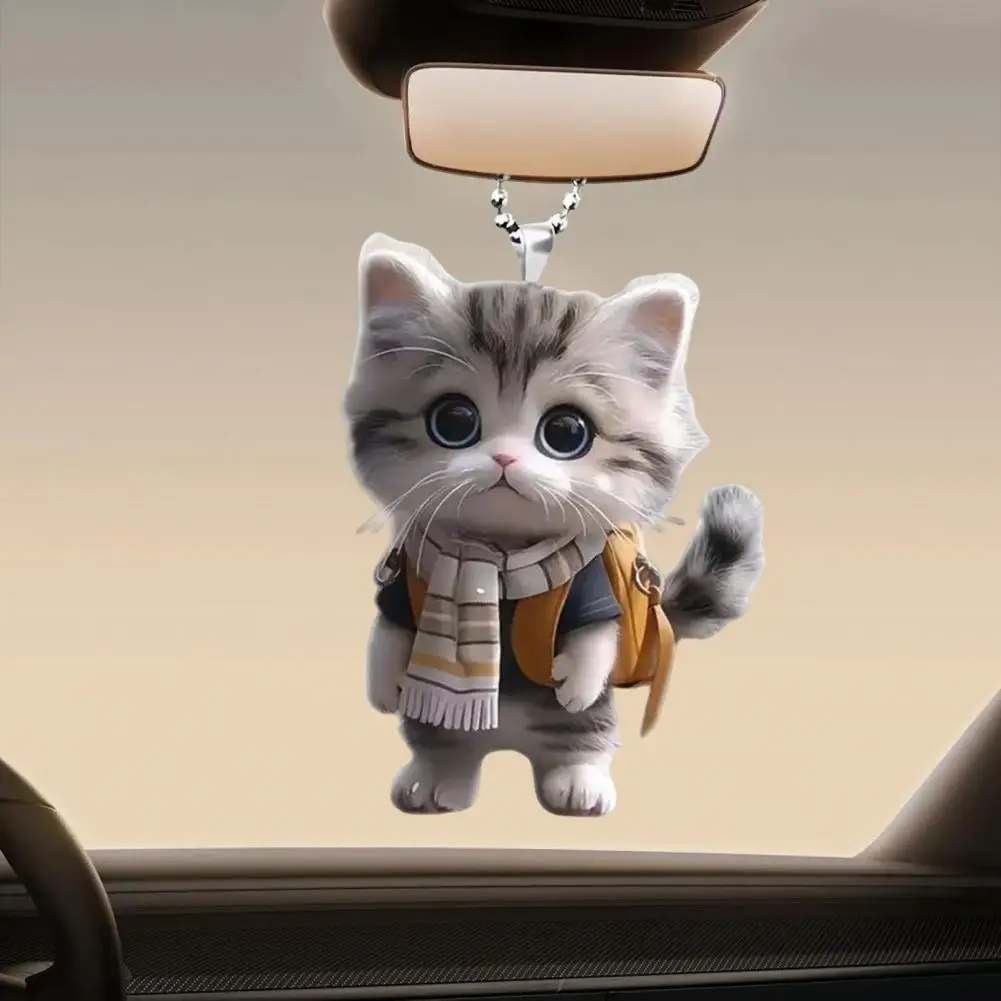Unique Car Decoration Gift Cat Christmas Ornament Car Accessory Hanging Acrylic Cat Pendant Keychain Flat Cartoon for Car