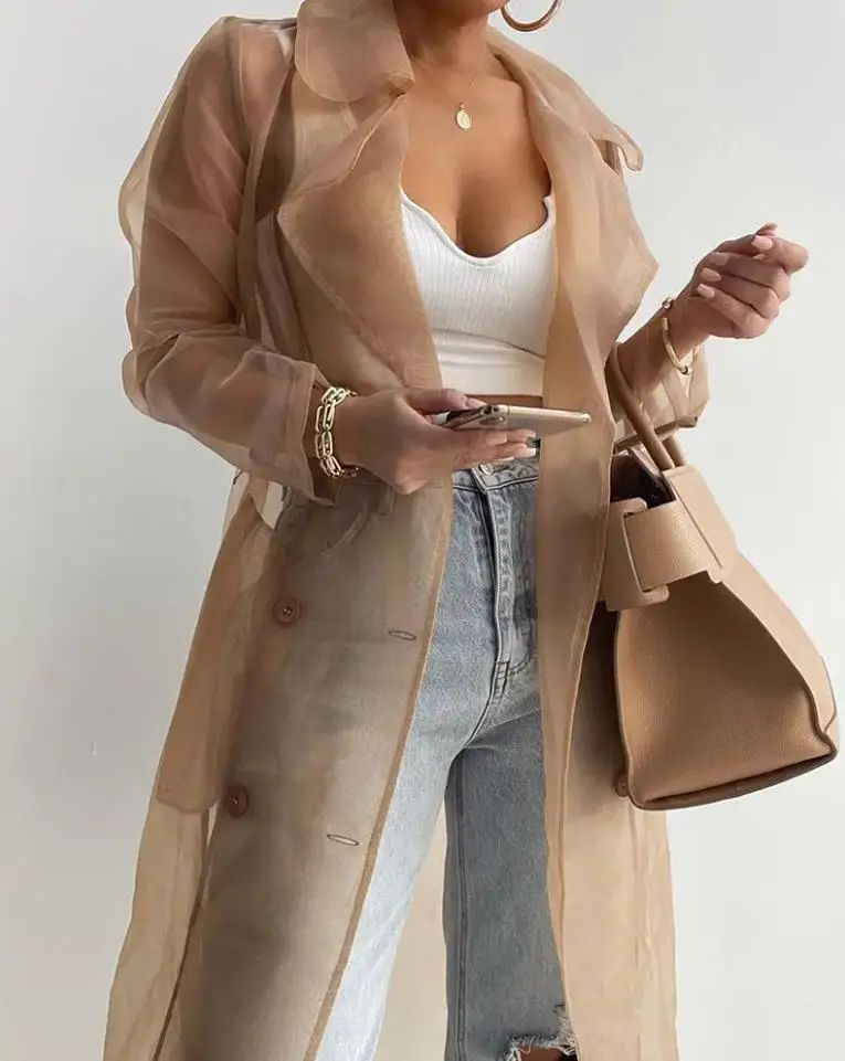 Manteau à manches longues en maille transparente pour femmes avec ceinture, manteau boutonné à lacets, chemises élégantes, cape élégante, streetwear, mode 2022