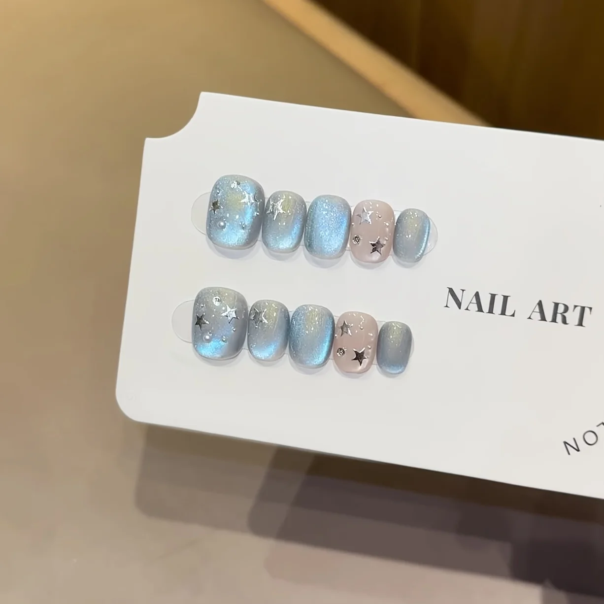 10개 수제 프레스온 네일 블루 스타 캣아이 풀커버 네일 피스 여성&소녀용 짧은 탈부착 가능 웨어러블 가짜 네일