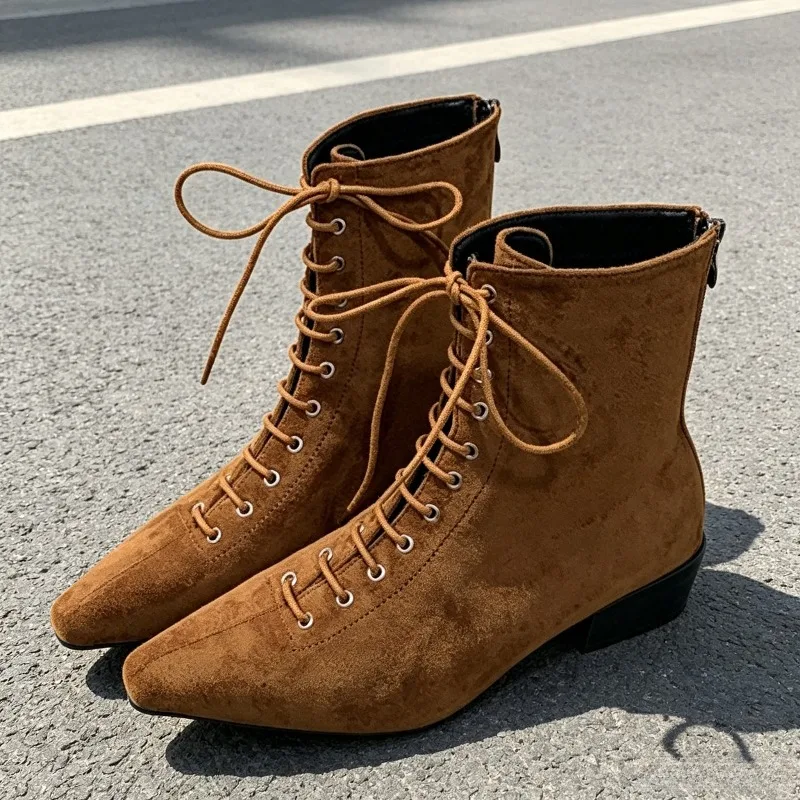 Vintage Brown Faux Suede Ankle Boots Women Fashion Lace-Up Wedge Western Boots Comfortable Back Zipper Knight Boots Botas Mujer