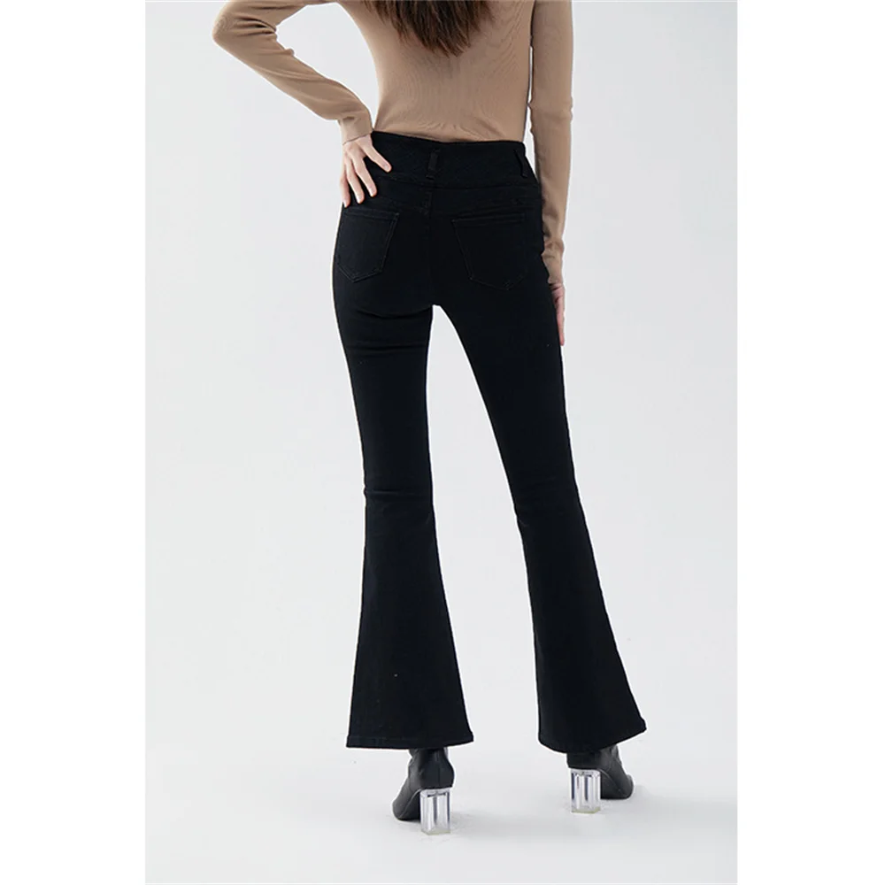 New High Waist Elastic Slim Denim Pants 2022 Winter Thick Inside Fleece Warm Embroidery Slit Black Jeans Female Clothes