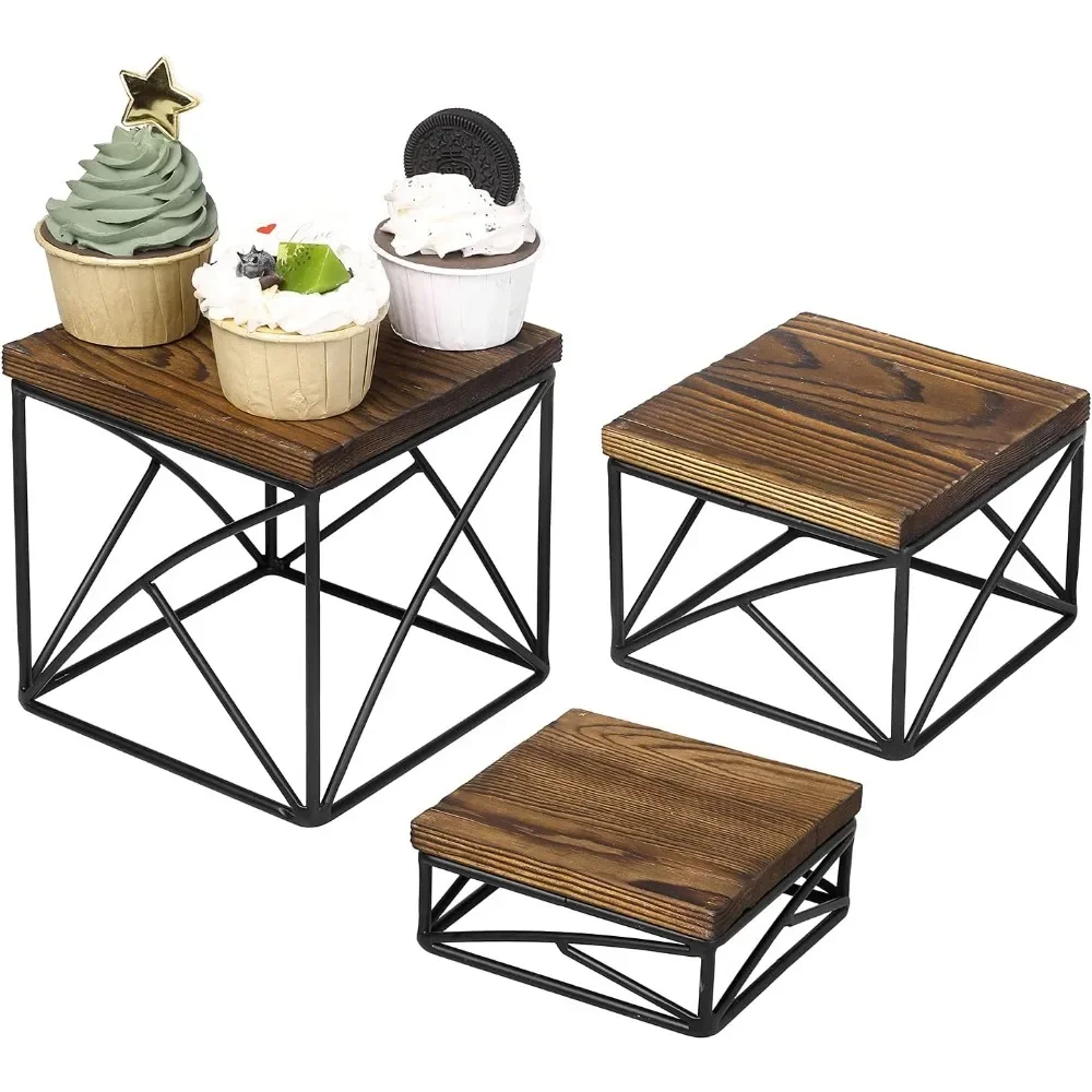 

Modern tabletop square dessert stand column, cake and appetizer display stand with rustic brown wood top rack and wire base