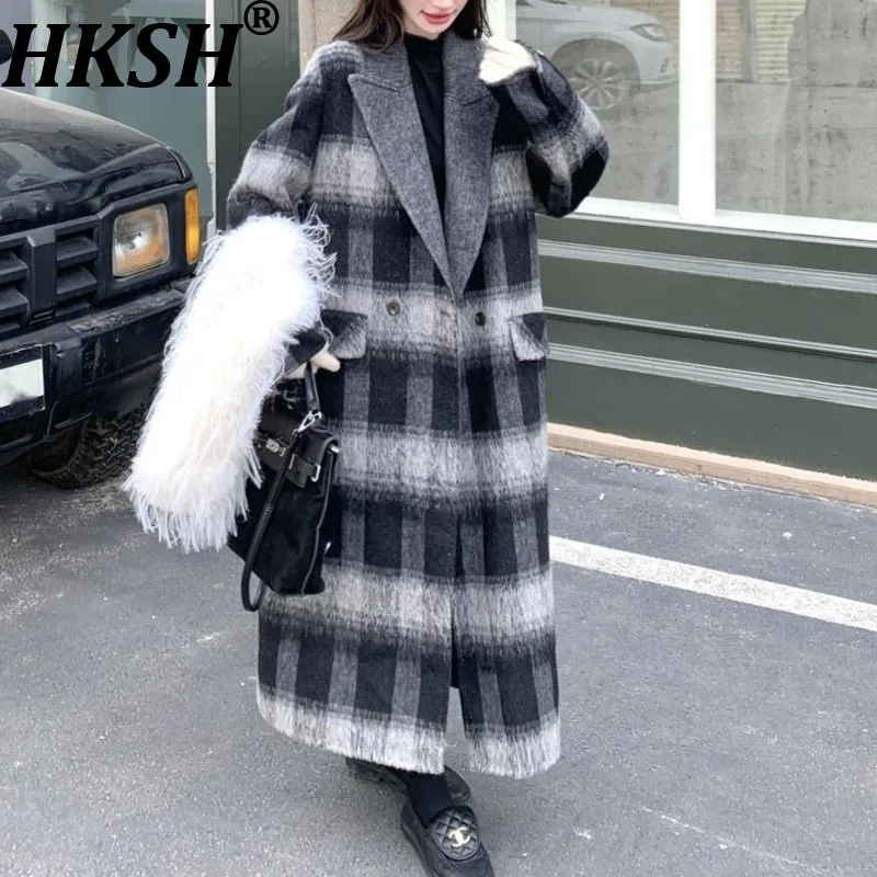 

HKSH Autumn Winter New Women's Double-sided Woolen Overcoat Plaid Turn-down Collar Versatile Elegant Casual Long Outwear HK14703