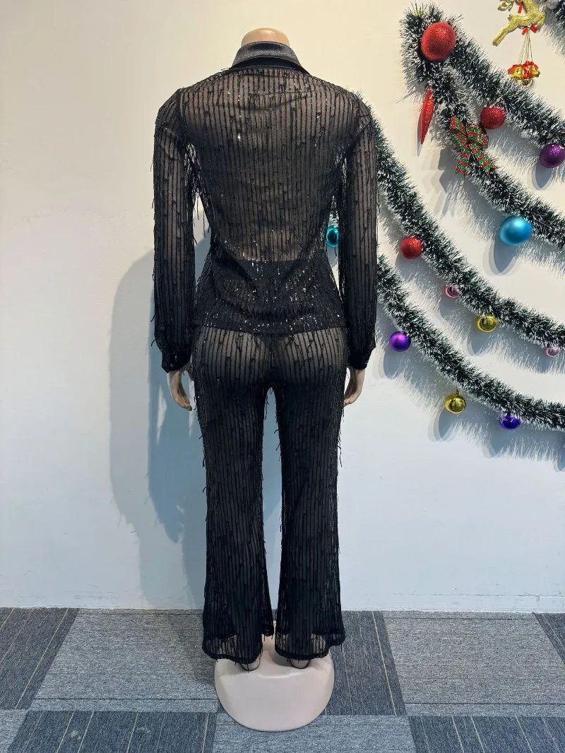 2024 Spring Sequins Tassel Mesh Two Piece Set Women Sexy See Through Long Sleeve Shirts Top Wide Leg Pants Fashion Party Suits