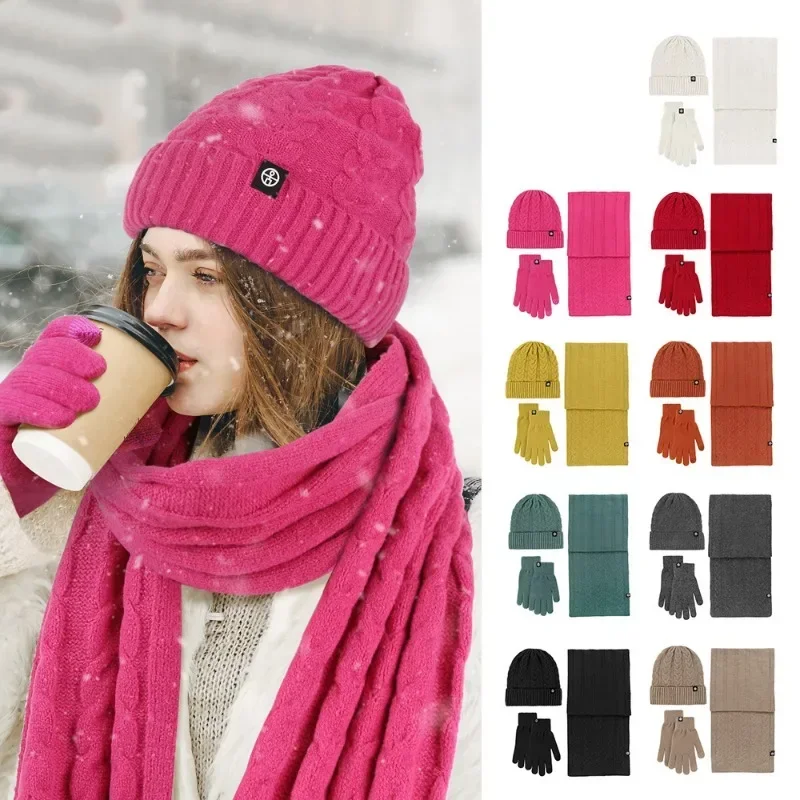 

Women Winter Hat and Scarf Gloves Set Warm Knitted Beanie Bonnets 180cm Long Neck Scarf velvet Touchscreen Gloves Gorros Cap Set