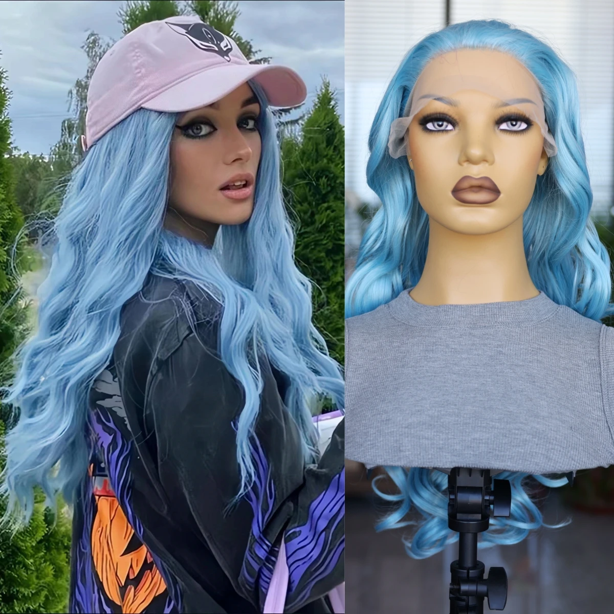 Light Blue Synthetic Long Wave Cosplay Wig 28 Inch Front Lace Comfortable Mesh Cap Natural Hair Line No Glue No Color Falling