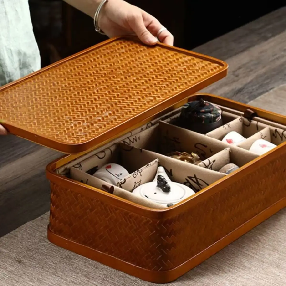 Bamboo lined divider basket with handmade lid, vintage basket, Kung Fu tea ceremony tea set storage box