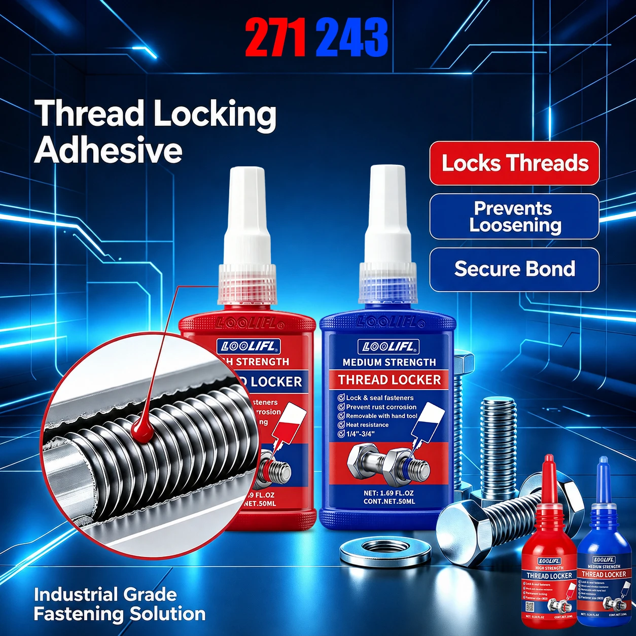 271 Red 243 Blue Threadlocker Anaerobic Screw Glue Anti Vibration Anti Loose Thread Sealant For Auto Machinery Metal Bolt Nut