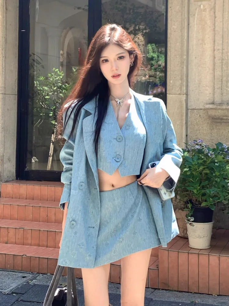 

High Quality Korean Casual Three Piece Set Women Blazer Coat + Vest + Skirt Set Elegant Fashion 3 Piece Suits Conjuntos Feminino