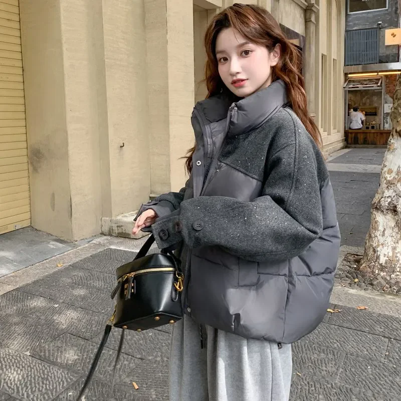 

Осень-зима 2026, новая хлопковая куртка на пуху с блестками, женское пальто, корейская модная хлопковая куртка, свободная толстая теплая парка