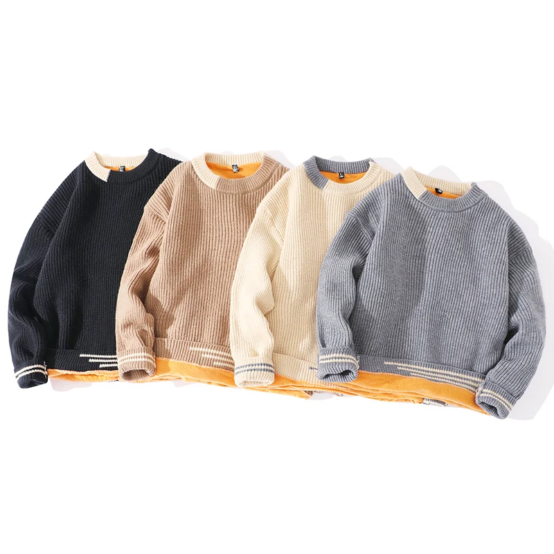 Comfortable Colorblocking Crew Neck Men Sweater Fashion Loose Casual Men Pullover Winter Padded Design Sweater Cotton Soft Yarn