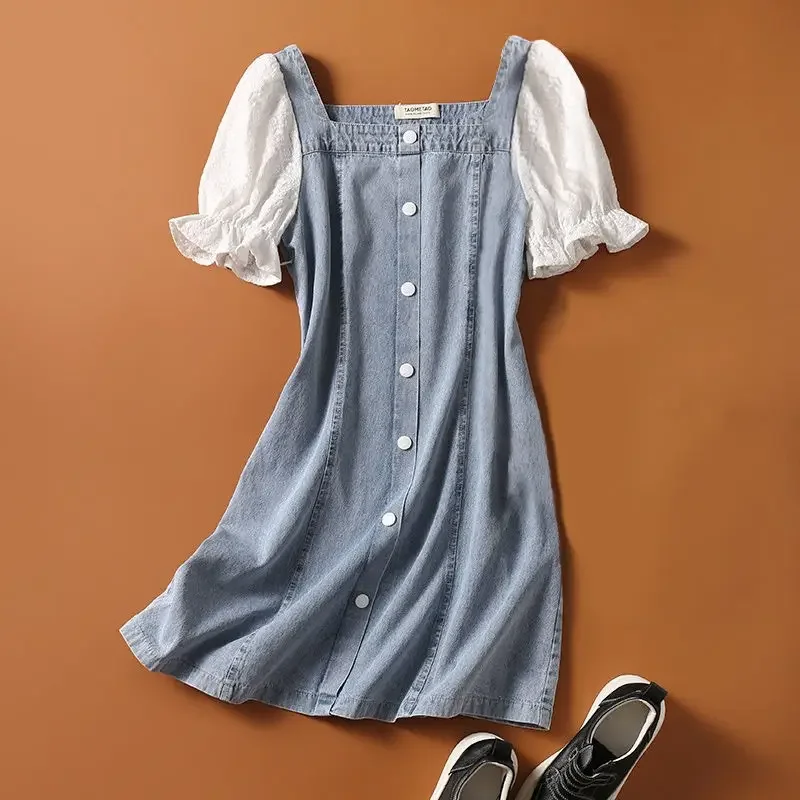 

Kids Girls Summer Dress Lace Stitching Shirts Dress 2024 New Arrival Teenage Girl Princess Denim Dresses Pruff Sleeve For 4-18Y