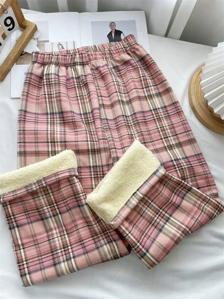 Damen-Hose mit weitem Bein, kariert, mit Fleece gefüttert, hohe Taille, lockere Passform, für den Winter, warm, verdickt, lässige Lounge-Hose für den täglichen Gebrauch – Detail 3