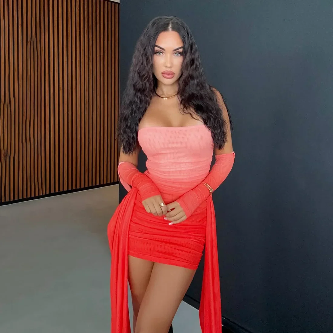 Gradiënt Ruches Mesh Bodycon Mini Jurk 2023 Herfst Vrouwen Sexy Halter Lange Mouw Cape Strapless Zijlinten Party Clubwear