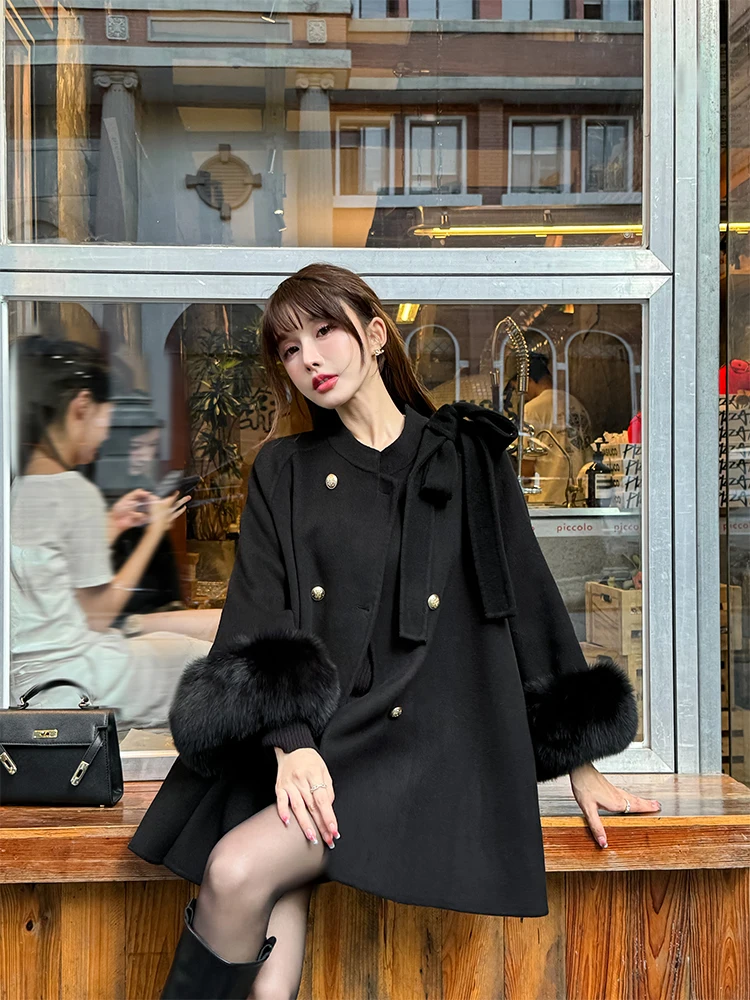 

Двустороннее шерстяное пальто с большим меховым воротником и золотистым бантом для женщин в корейском стиле для повседневной носки