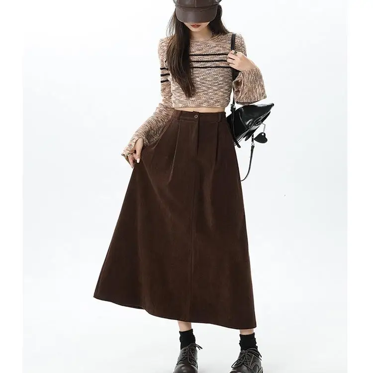 

Юбка миди А-силуэта с высокой талией в корейском стиле, повседневная, цветная, больших размеров, для женщин, весна-осень-зима, трендовая